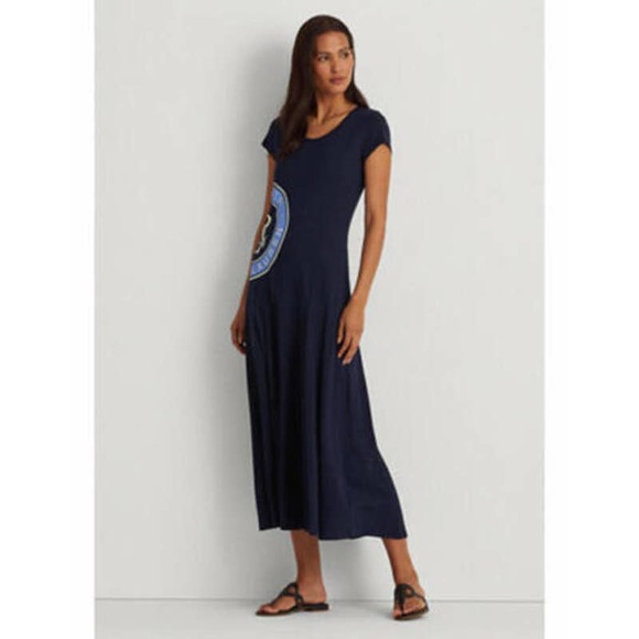 Lauren Ralph Lauren Women's French Navy Blue Jersey Logo Maxi Dress - Picture 1 of 5